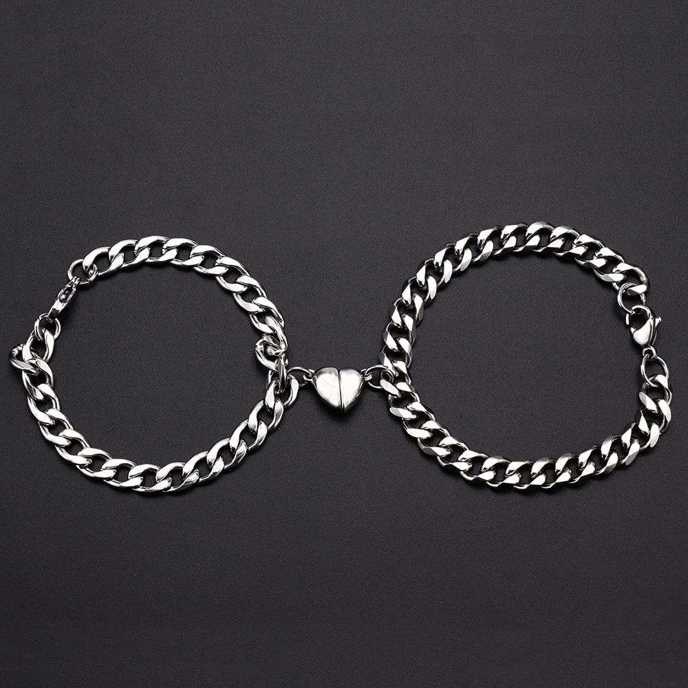 Stainless Steel Couple Bracelets Magnetism Heart Charm Cuba Chain